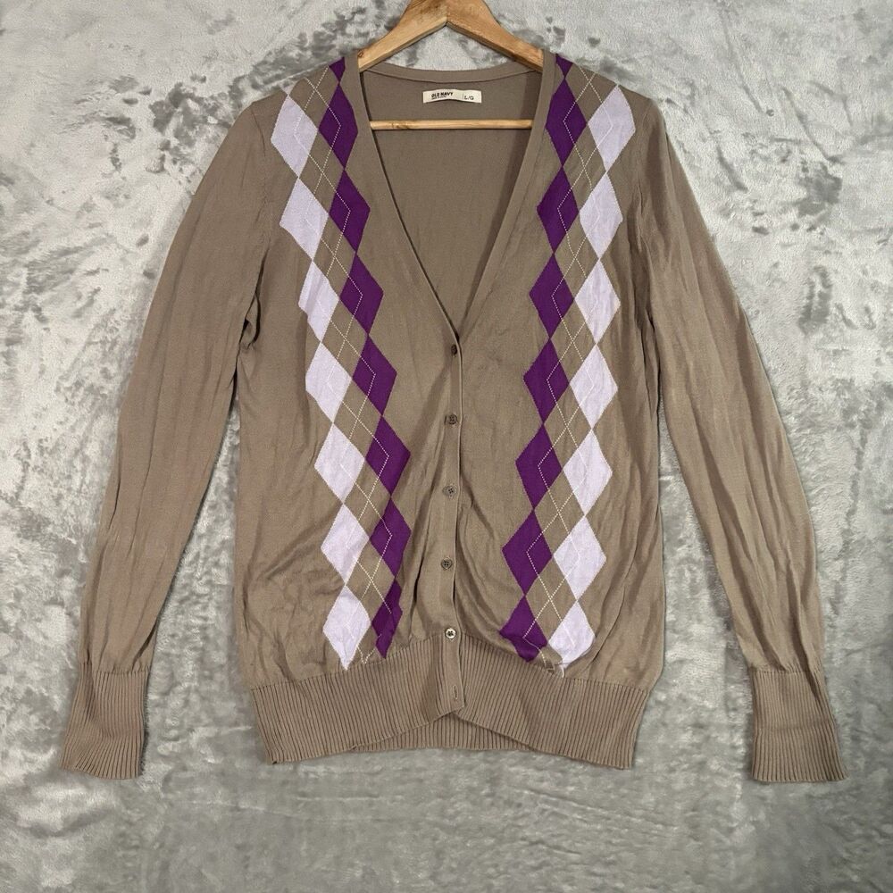 Old Navy Cardigan L Brown Argyle Purple Knit V-Neck Button Up Academia Y2K Indie